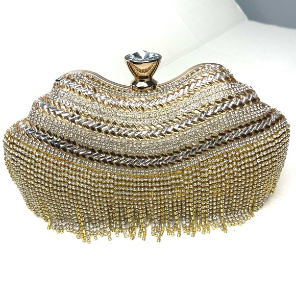 Handbags - Gold Fringe Rhinestone Cocktail Clutch Handbag